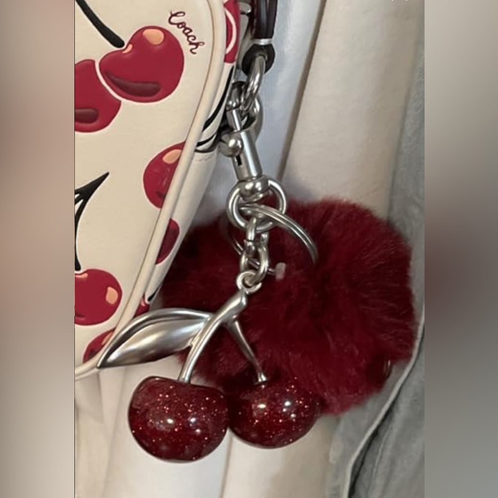 New Glittery Red Cherry Bag Charm w/ Silver-Toned Hardware & Large Pom Pom - Picture 5 of 6